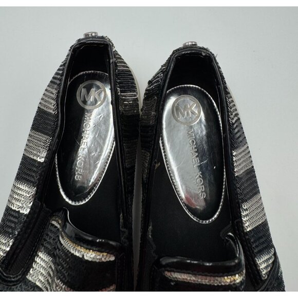 MICHAEL KORS Keaton Slip on Stripe Sequin Shoes Loafers Size 8M Black Silver - Picture 11 of 11